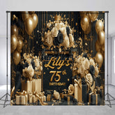 Aperturee Aperturee Custom 75th Birthday Backdrop for Her Black and Gold Balloons with Roses Elegant Milestone Party Photo Prop